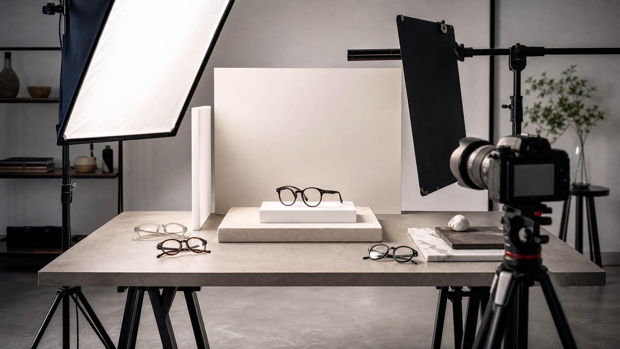 Studio tabletop setup for photographing eyewear, with lighting flags, camera lens, and neatly arranged frames ready for capture