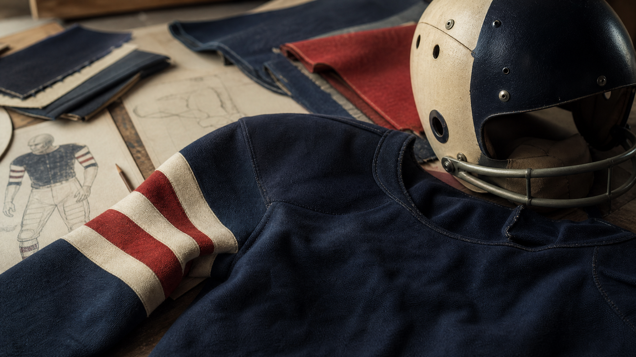 Close view of retro American football uniform details laid out on a worktable, including striped sleeves, textured fabric, and a classic helmet silhouette