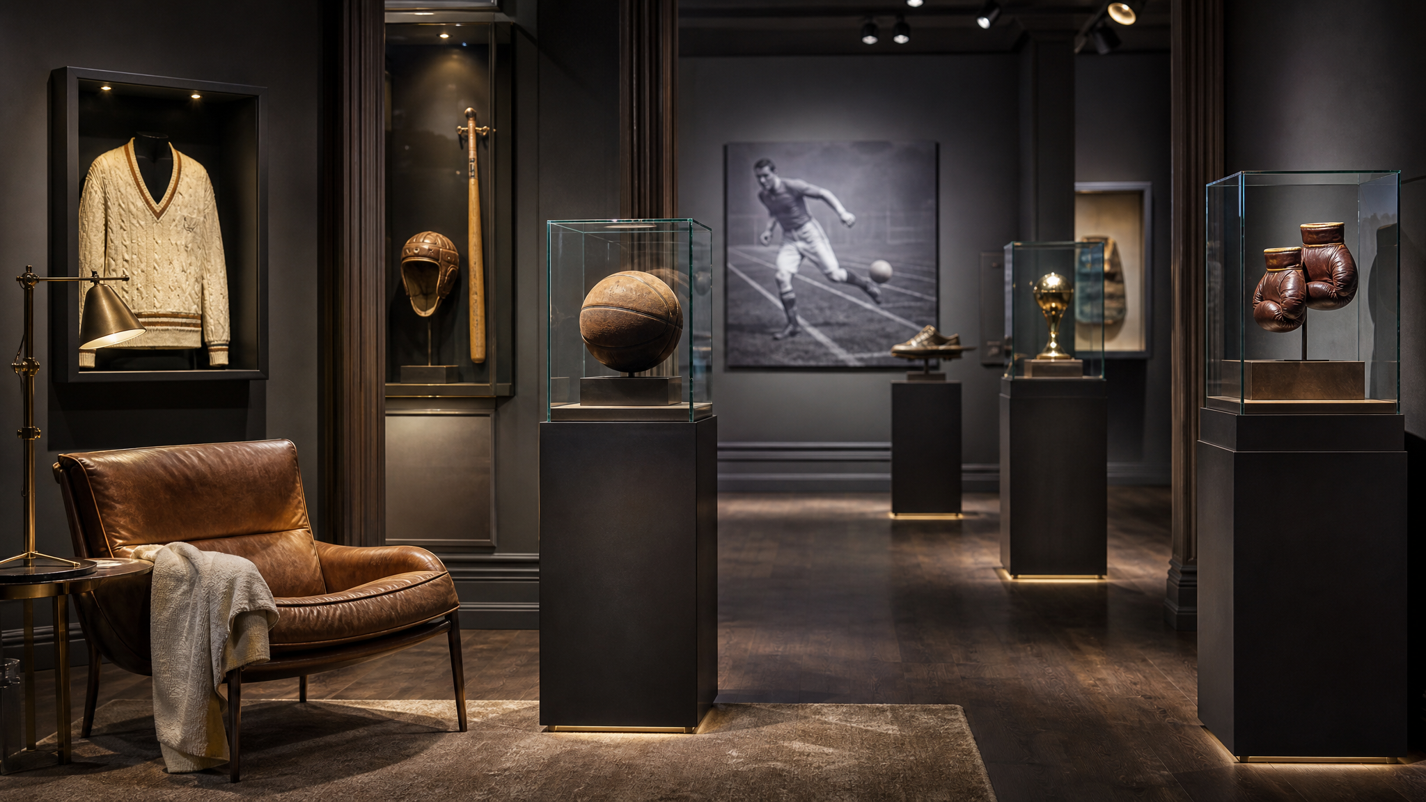 Curated display of unusual sports memorabilia objects in a gallery-like setting, arranged as collectible artifacts rather than merchandise