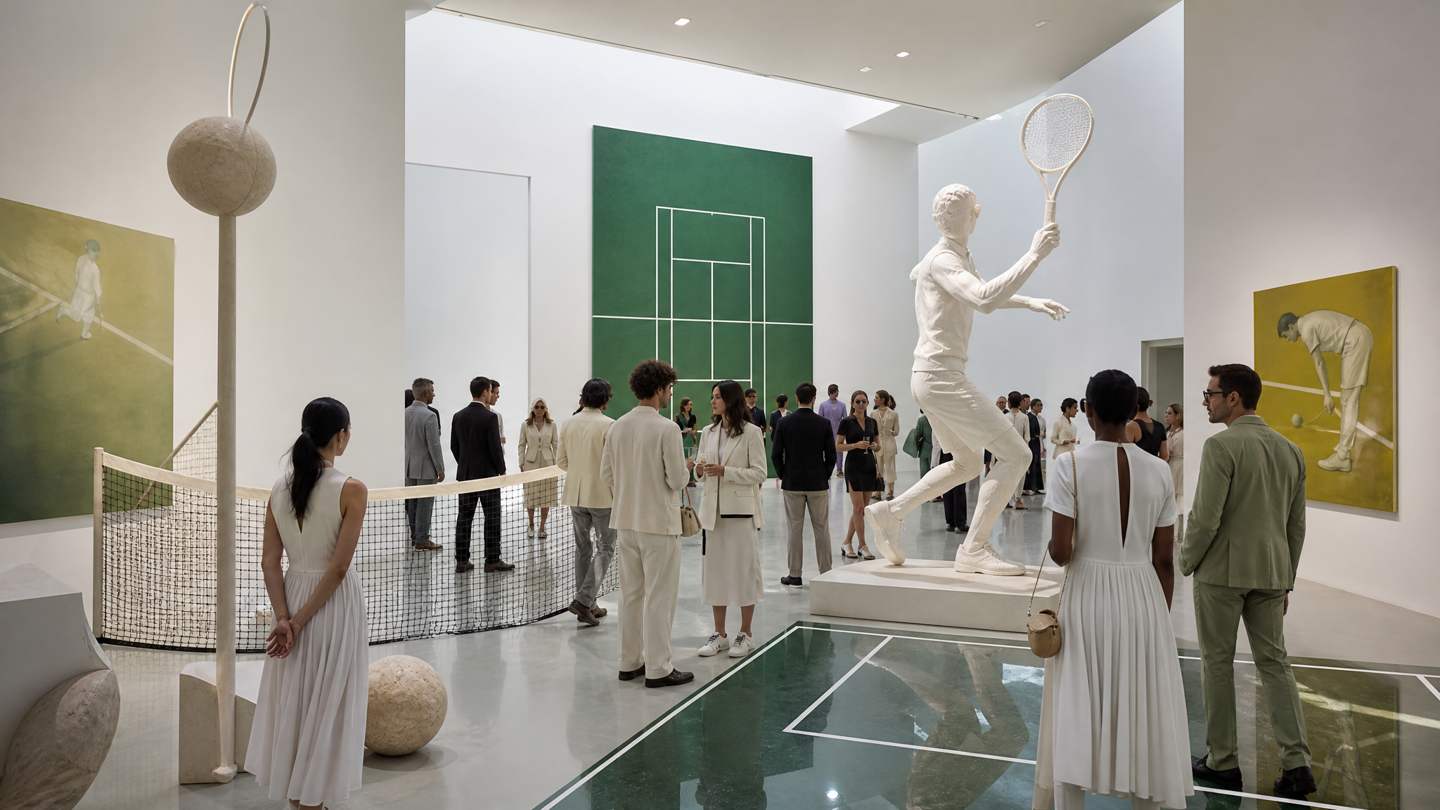 Tennis scene staged within a contemporary art museum interior, with court-like elements set against clean gallery architecture