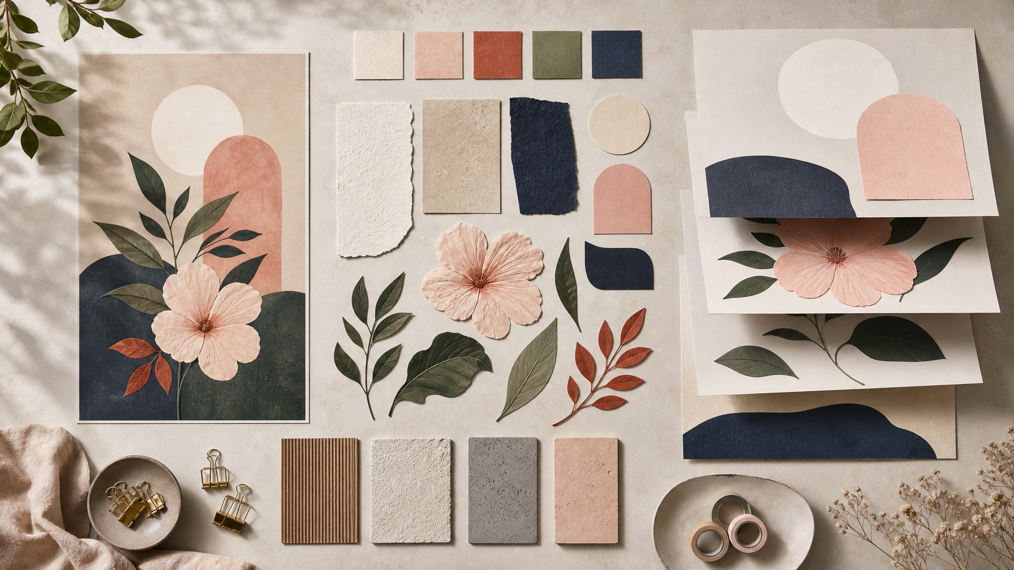 Desk with poster mockups broken into reusable shapes, textures, and color elements arranged as a small asset system