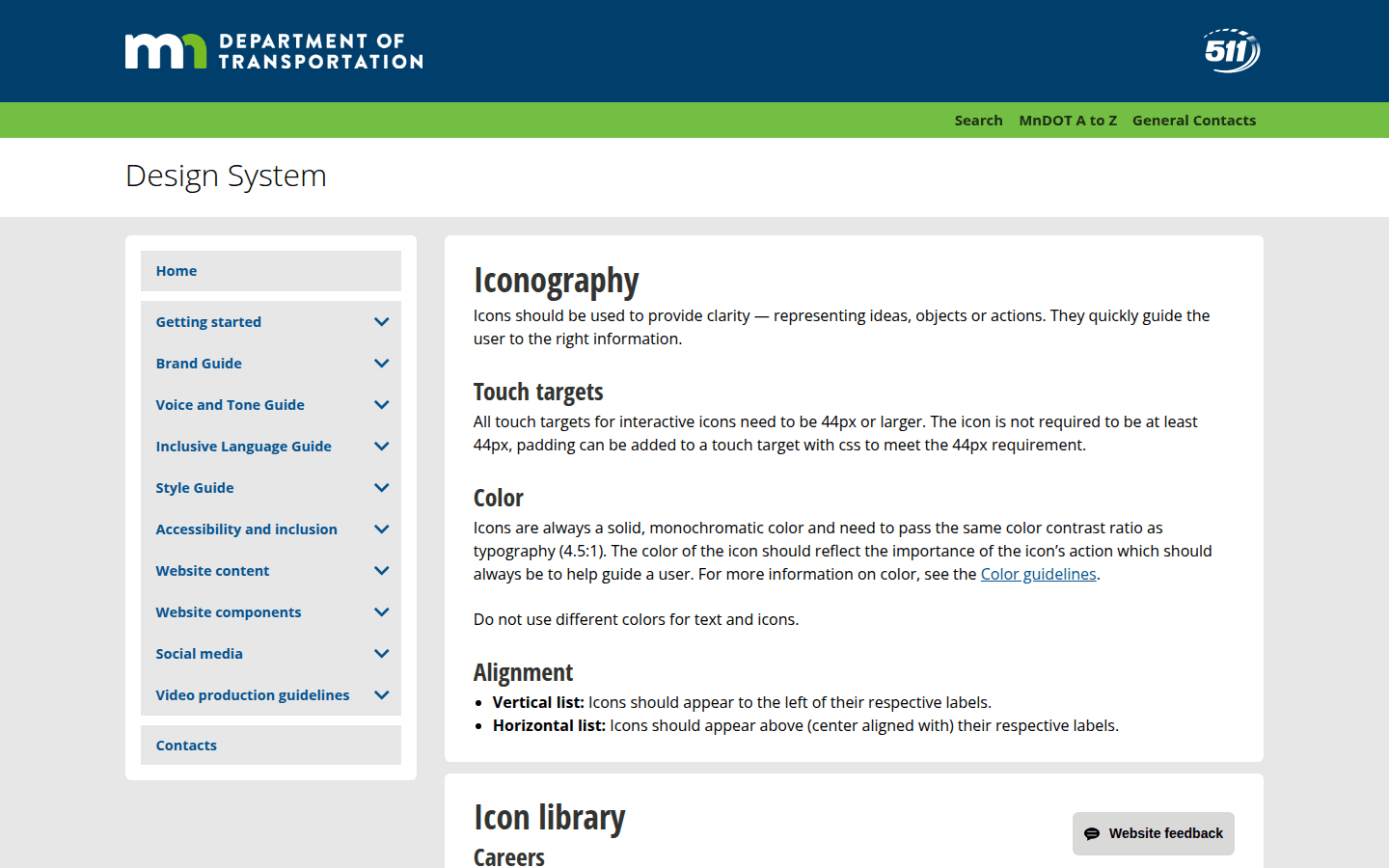 Screenshot of MnDOT Design System's iconography guidelines showing examples of accessible icon usage.