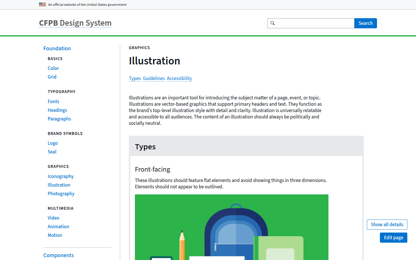 Screenshot of CFPB Design System illustration guidelines showing color and composition rules.