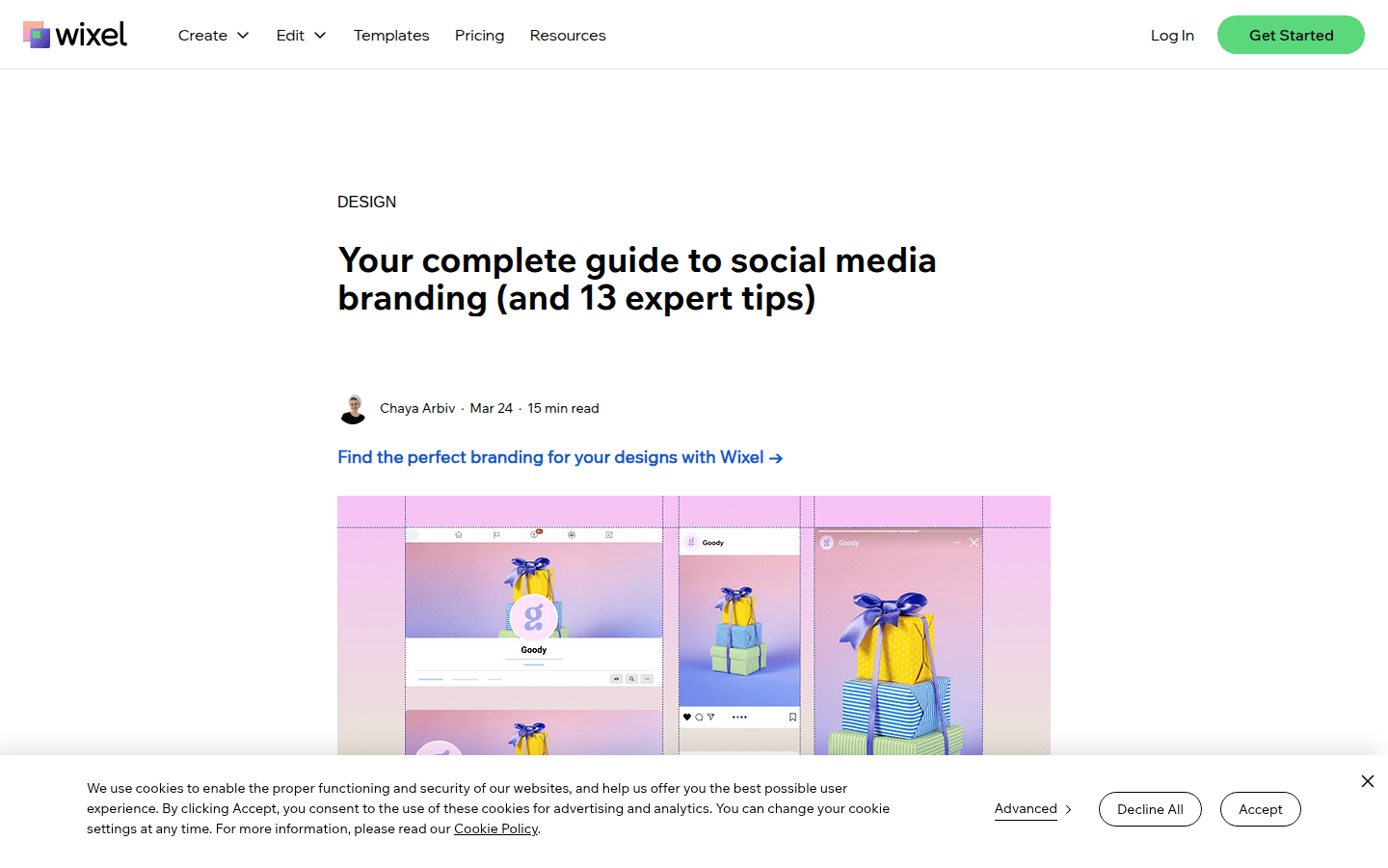 Screenshot of Wix's guide on social media branding, detailing brand consistency.