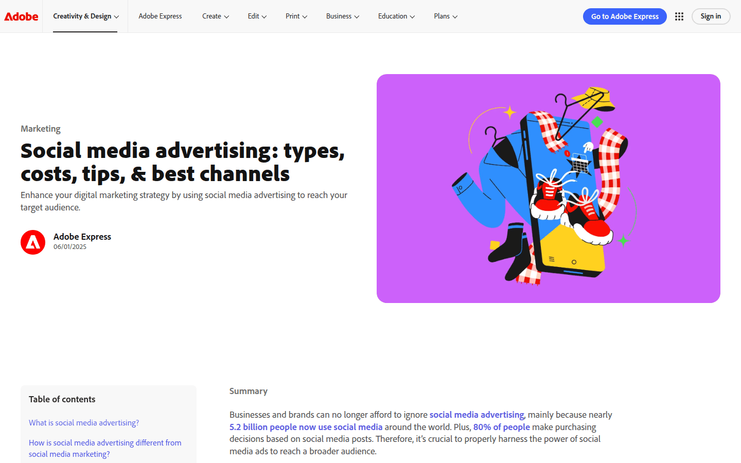 Screenshot of Adobe's guide on social media advertising, showing ad creative examples.