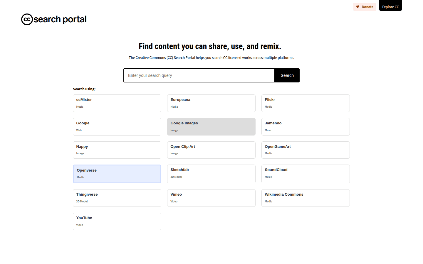 Screenshot of the Creative Commons Search portal, showing various content types and search filters.