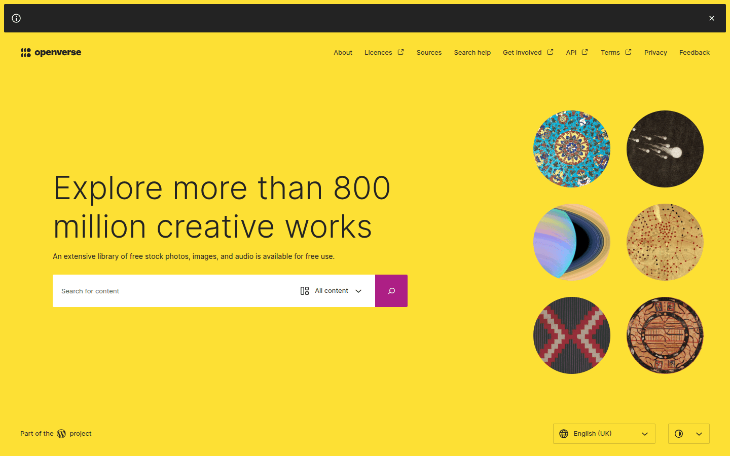 Screenshot of the Openverse website, displaying a collection of open-licensed images and audio.