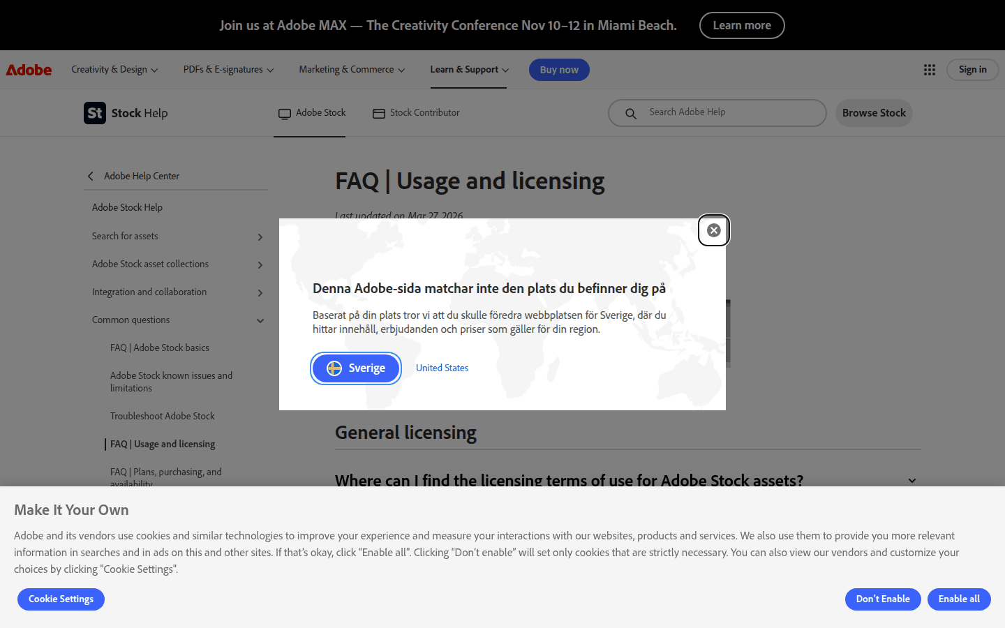 Screenshot of Adobe Stock's FAQ page on usage and licensing, highlighting restrictions for editorial-use-only items.