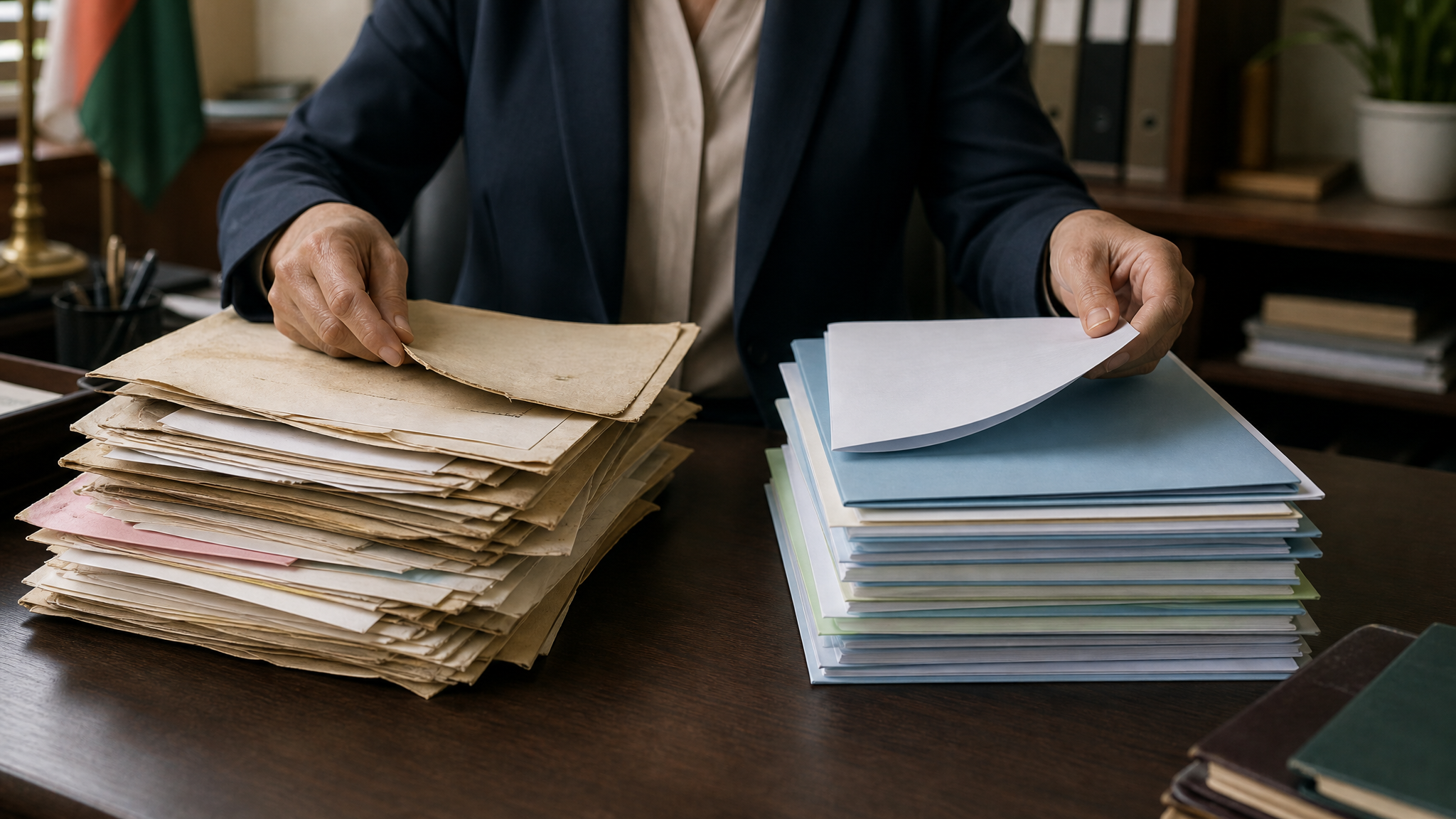 Desk with two stacks of public forms, one older and one newly reformatted, arranged to suggest a naming transition