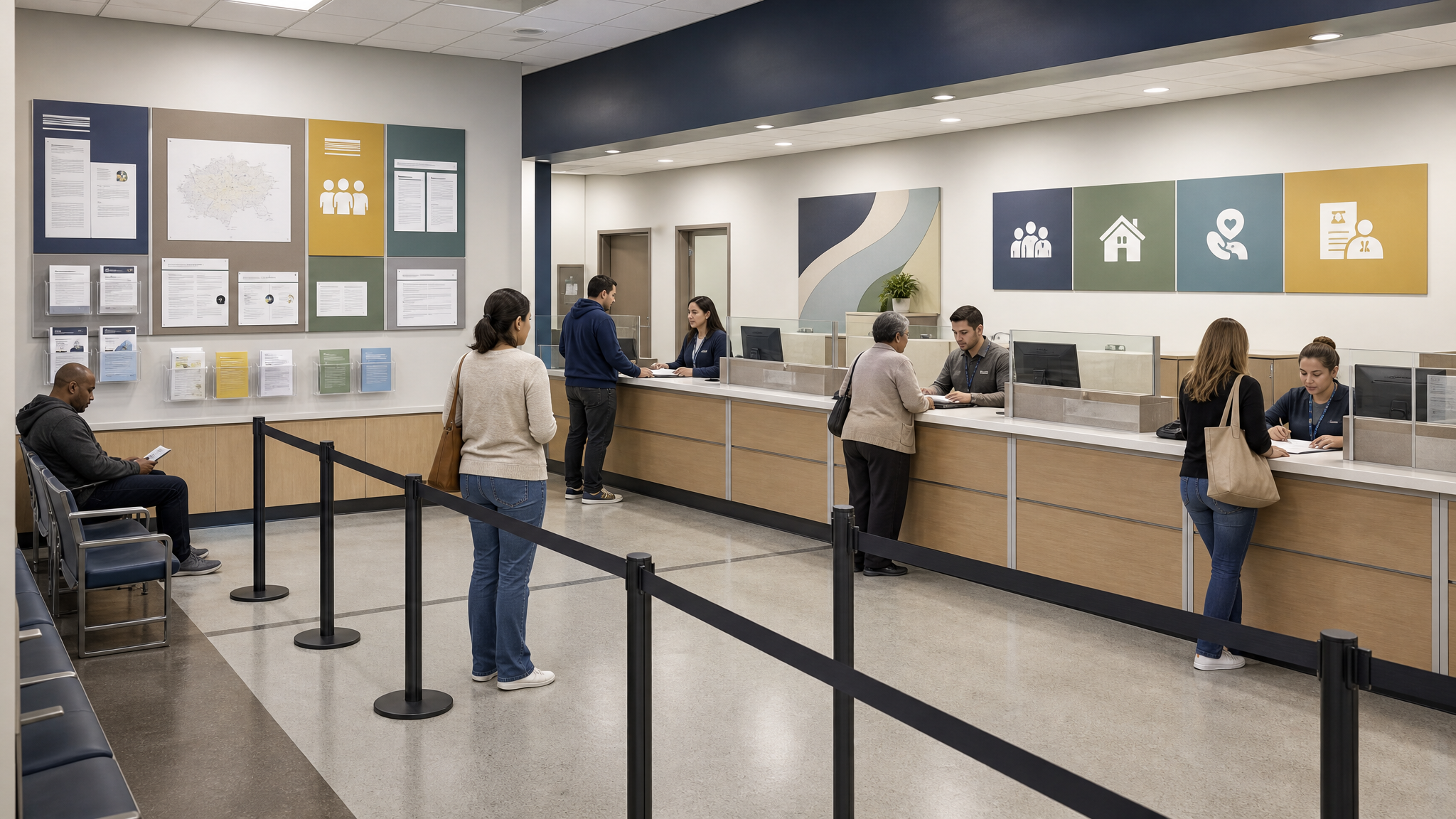 Public assistance counter with signage, forms, and people waiting, showing the importance of hierarchy in service environments