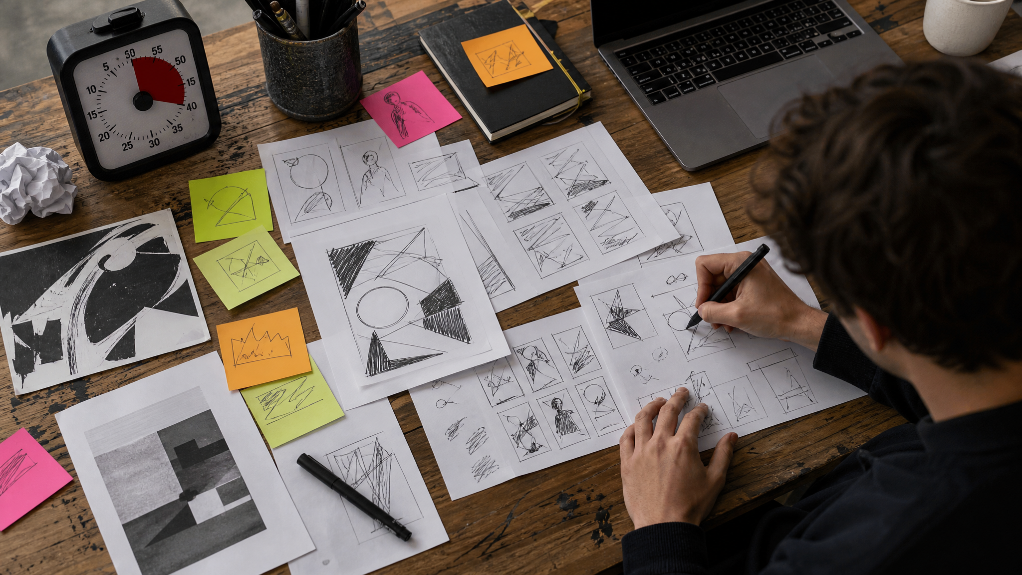 Designer’s desk with printed brief notes, rough poster sketches, and a laptop during a timed challenge