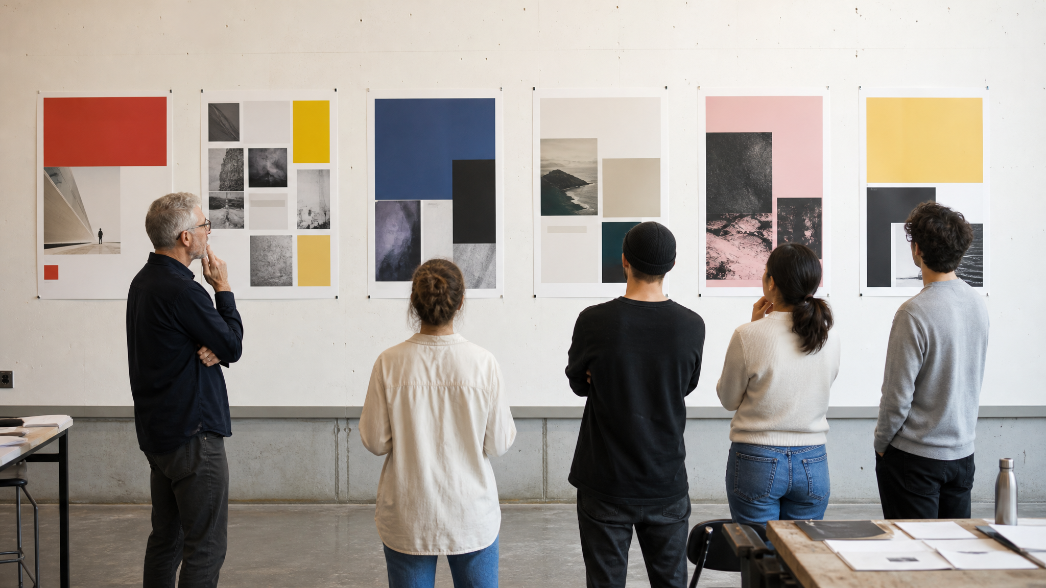 Poster mockups pinned on a studio wall as faculty and students review them from a short distance