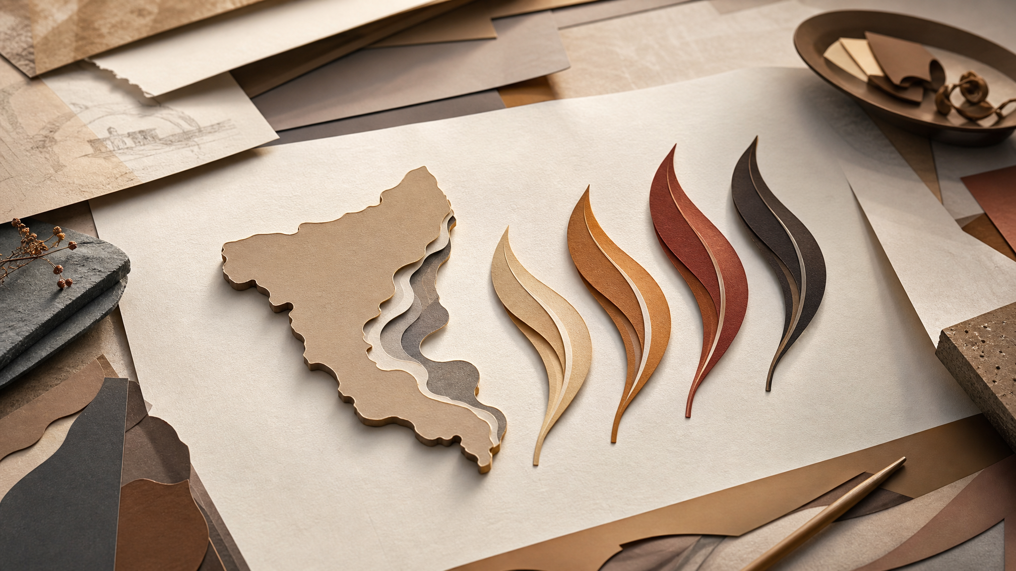Abstract editorial study of a crest shape resembling Queensland beside feather forms that echo ceremonial flames