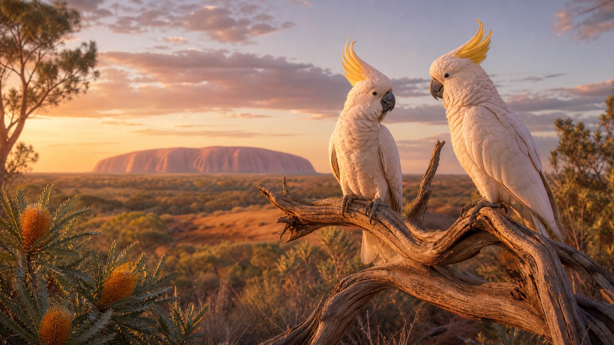 Stylized cockatoos in a natural Australian landscape suggesting links between birds, place, and ceremony