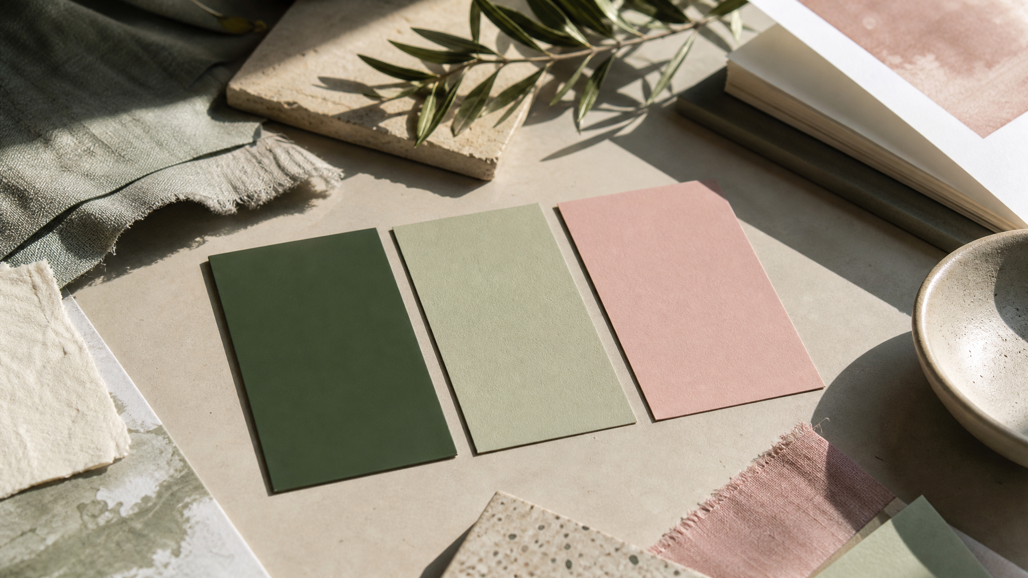 Three swatches of deep green, light green, and pink arranged with paper texture and soft daylight