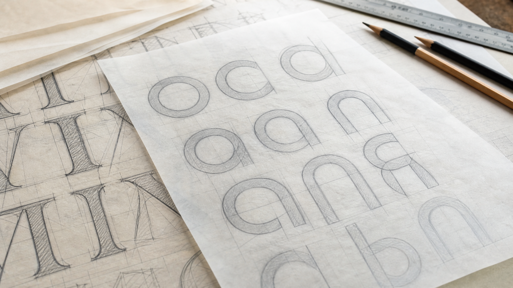 Close view of rounded sans-serif letterforms sketched over earlier serif forms on tracing paper