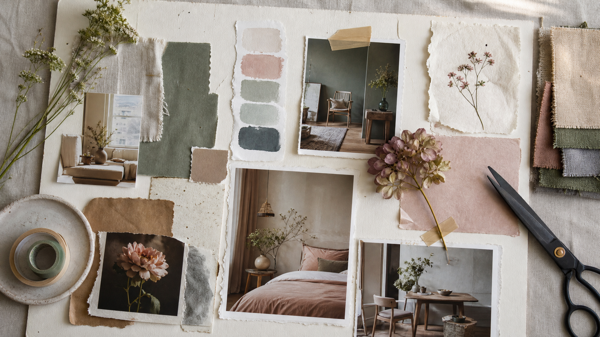 Moodboard with torn paper samples, watercolor swatches, floral references, and room photography arranged on a studio table
