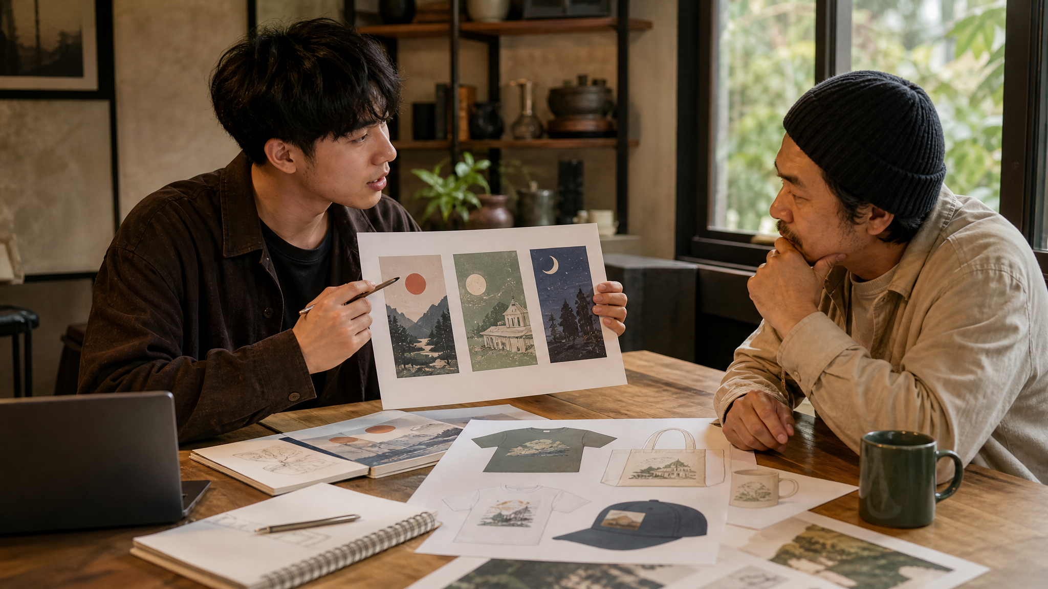 Student presenting poster drafts and merchandise sketches to a small local business owner across a table