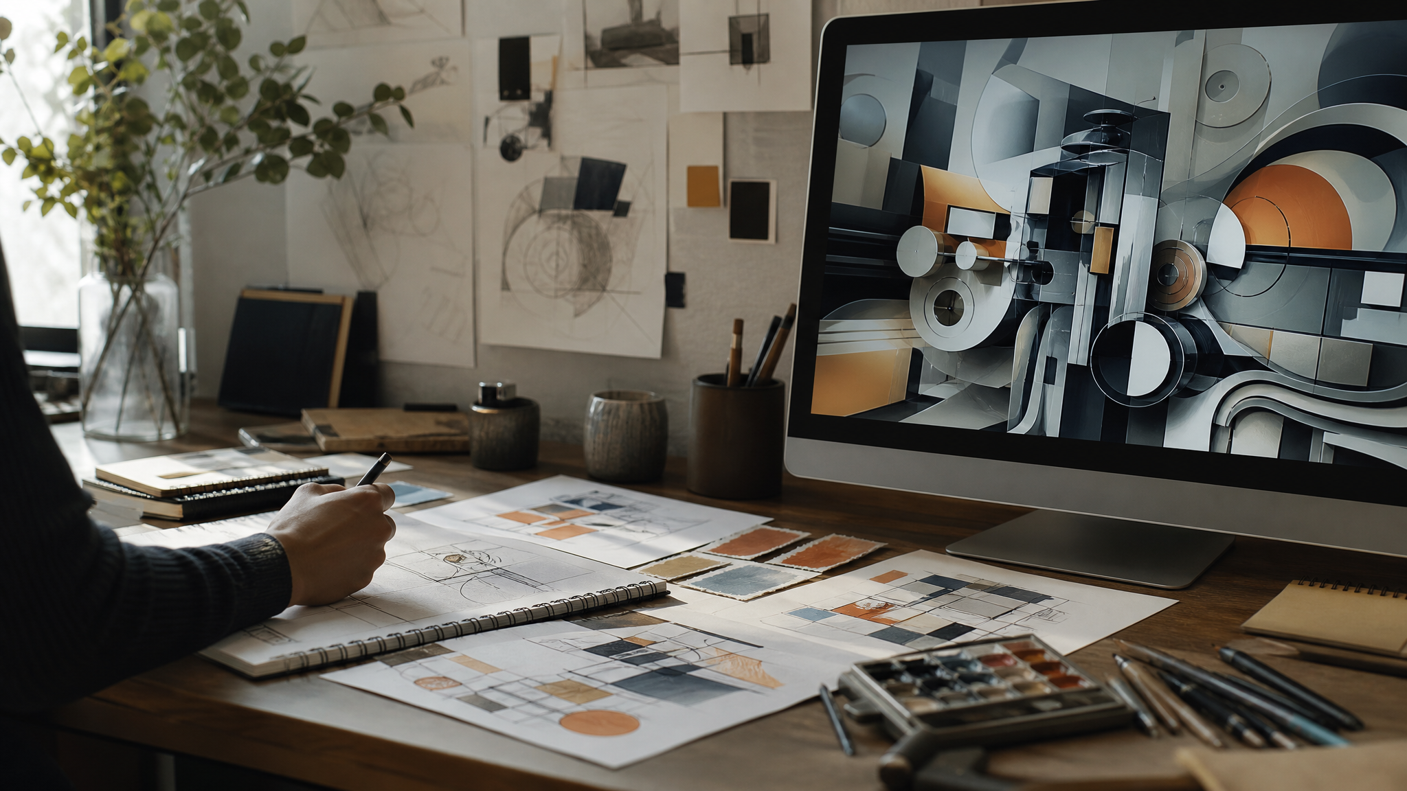 Split workspace showing handmade design sketches beside a computer-generated abstract graphic on a monitor