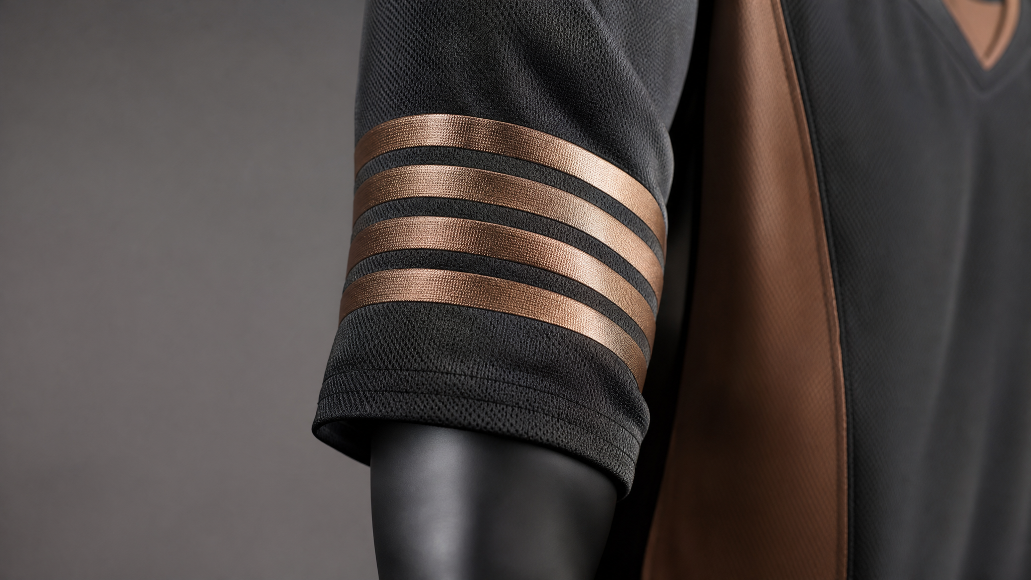 Close-up of a hockey jersey sleeve with five earthy bronze lines curving around the arm