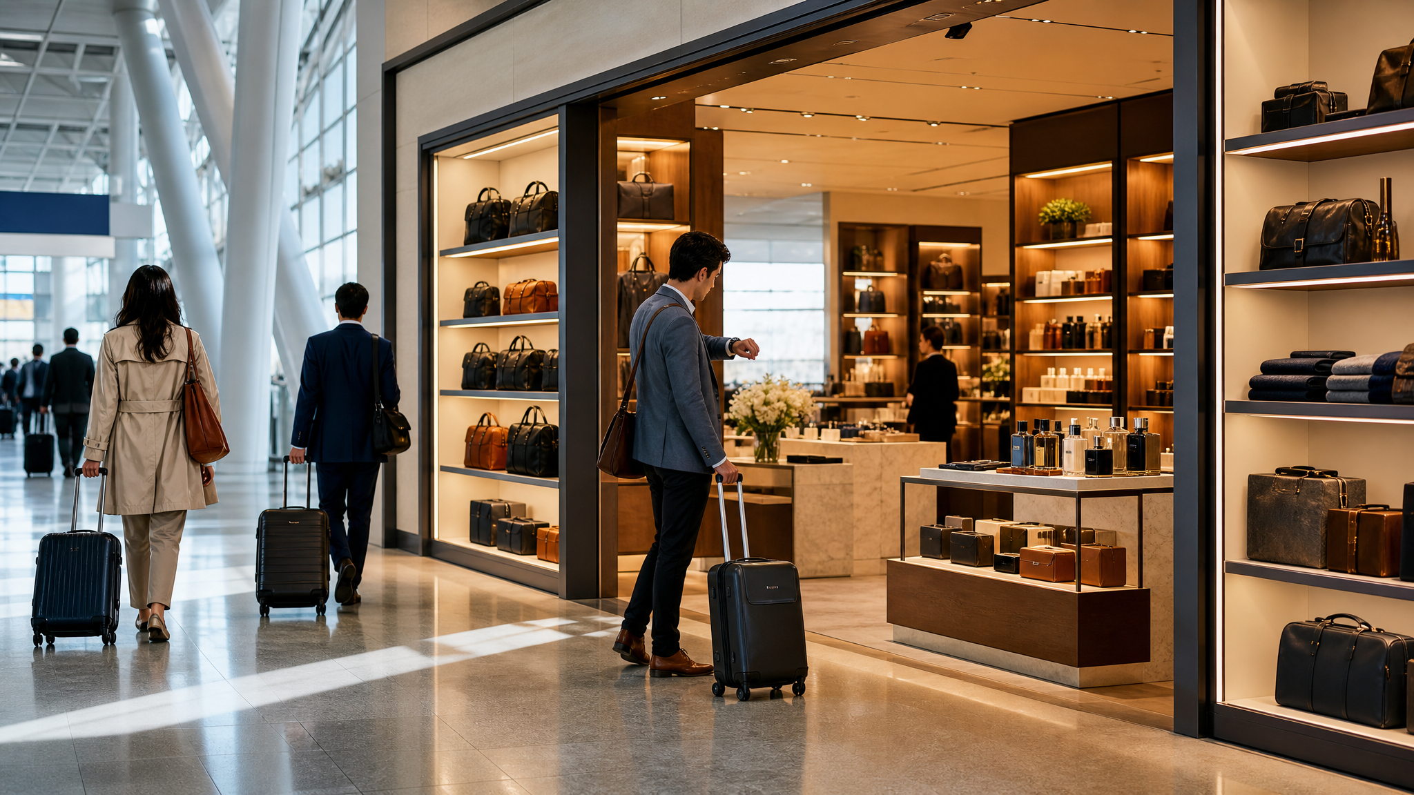 Airport retail storefront with clearly grouped products and travelers moving quickly past the entrance
