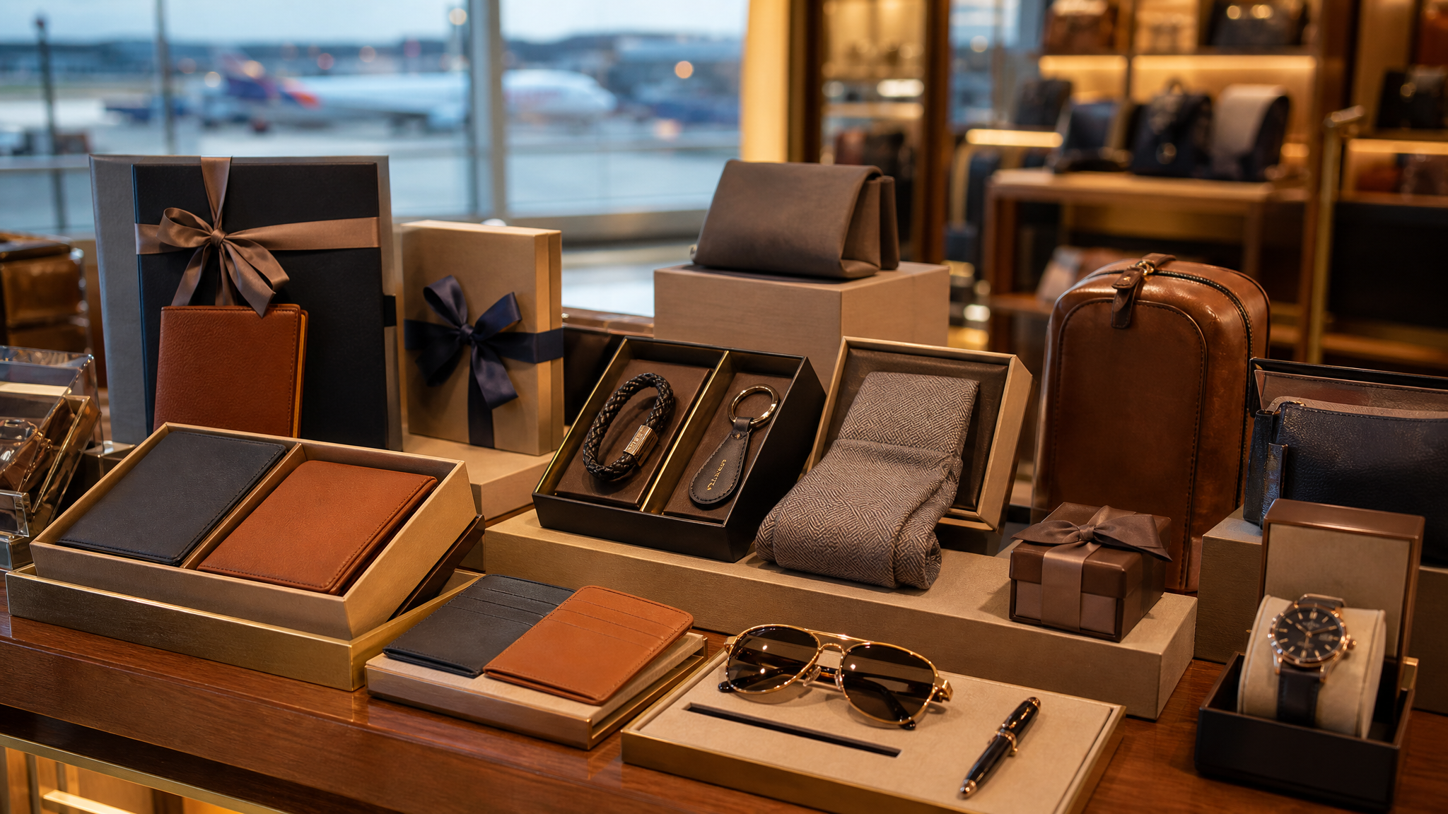 Gift-oriented product display in an airport shop with boxed leather goods arranged for quick comparison