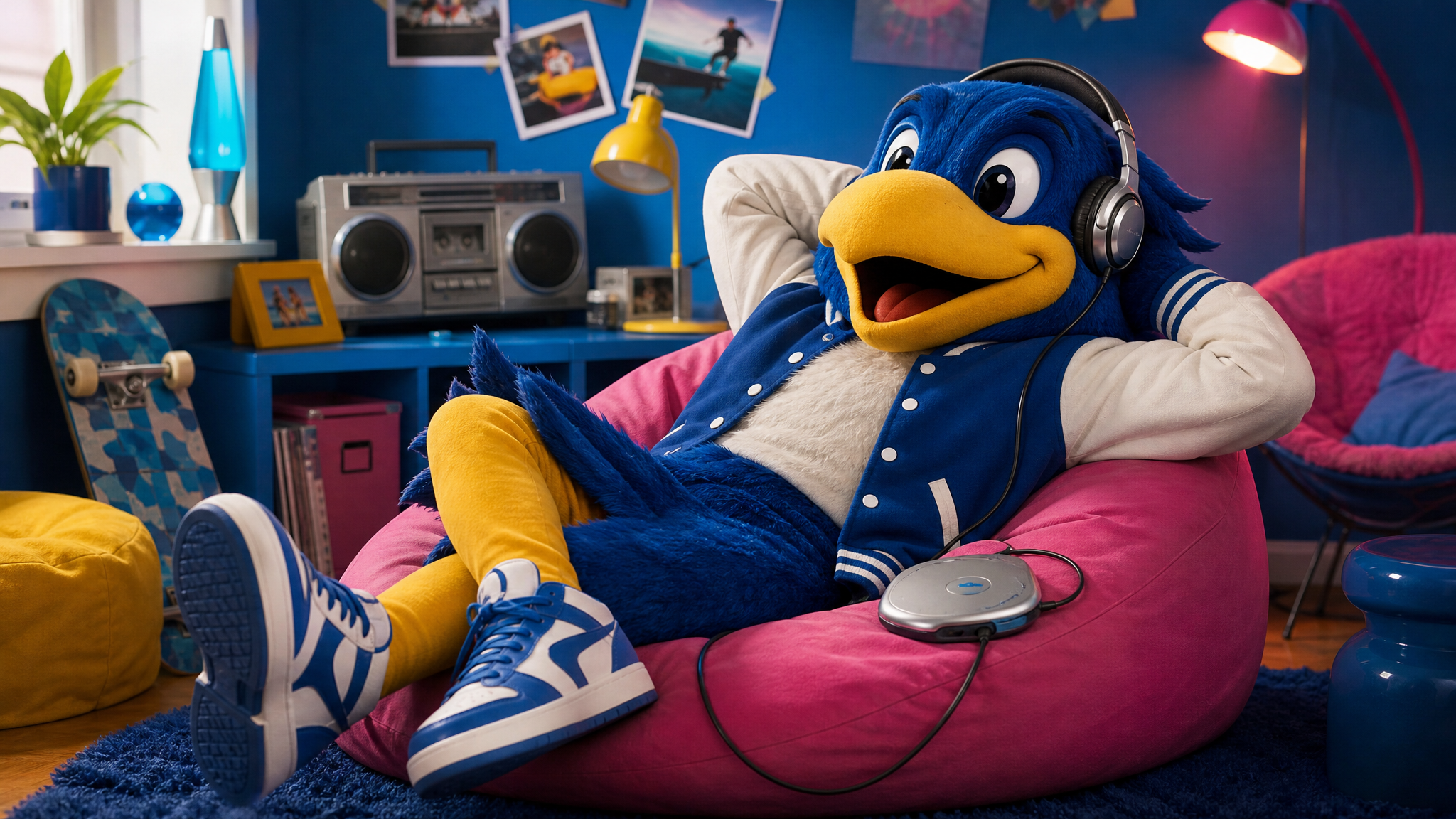 Editorial illustration scene with a mascot-like character relaxing on a beanbag with headphones in a bright early-2000s inspired room