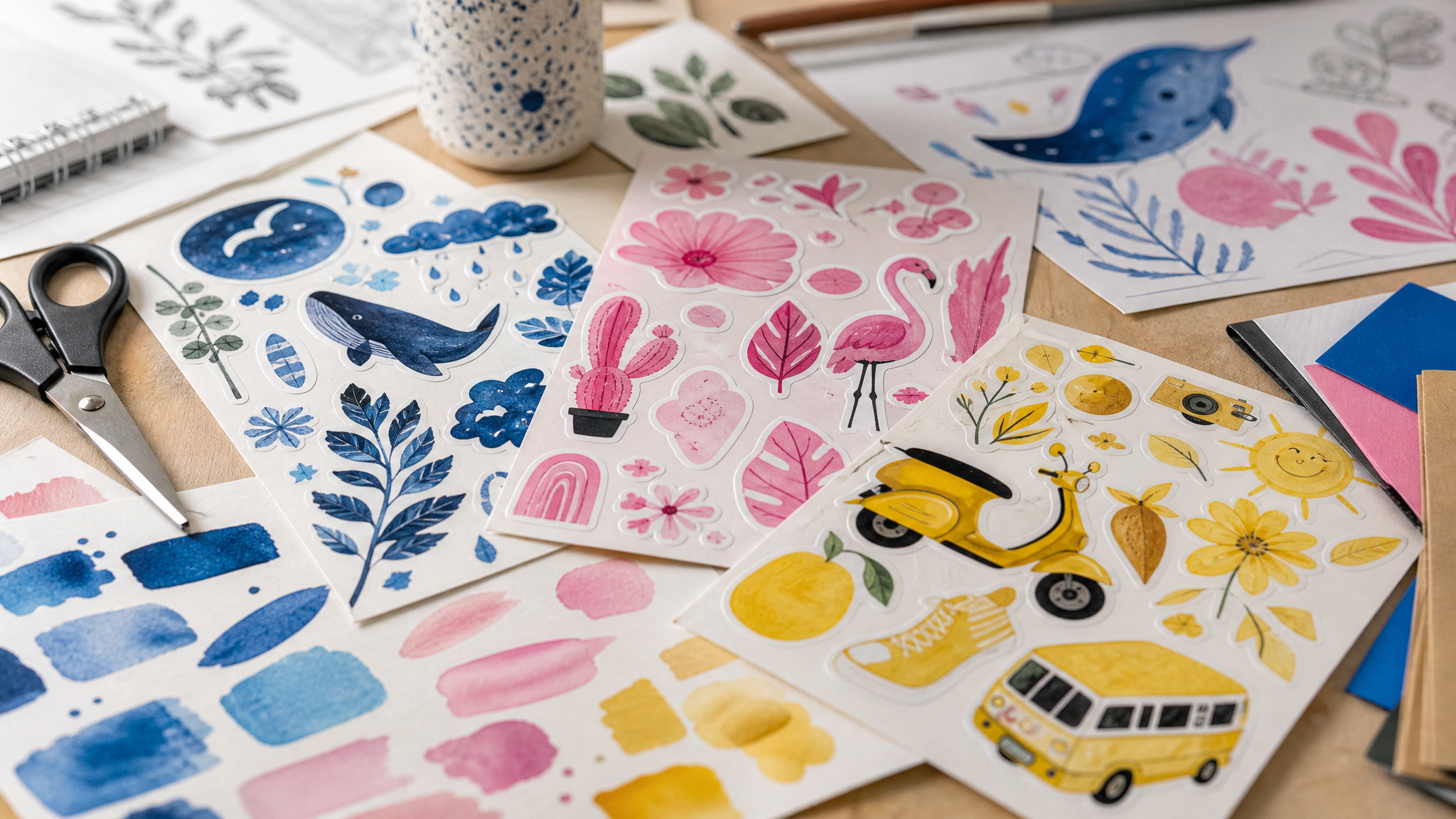Close view of colorful sticker sheets spread across a desk beside scissors, sketches, and printed color swatches