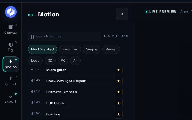 DanceLogo Studio Motion panel with animation recipes